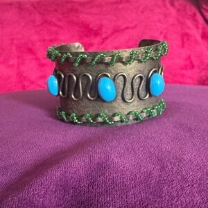 Handcrafted Silver Cuff Bracelet with Blue and Green Accents